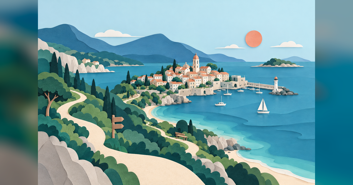 Conceptual destination with a harbor, historic town, and walking trails for a DMO SEO agency buyer guide