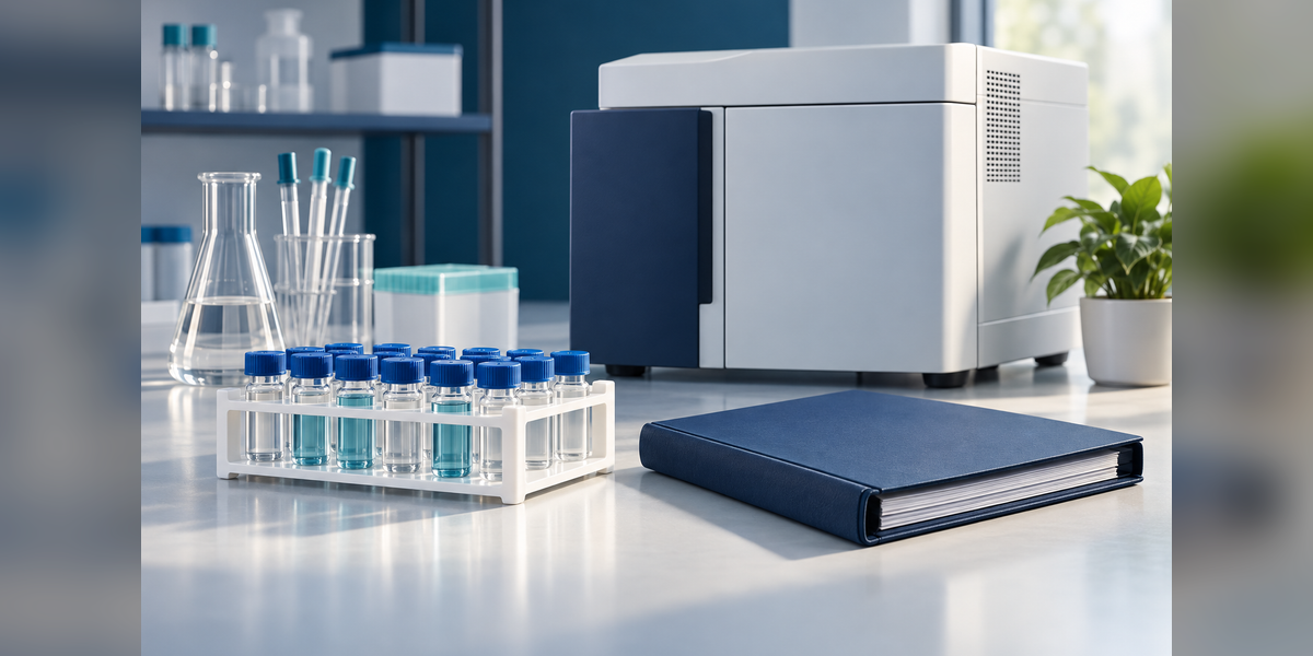 Conceptual laboratory workstation with sealed sample vials for choosing contract analytical testing labs