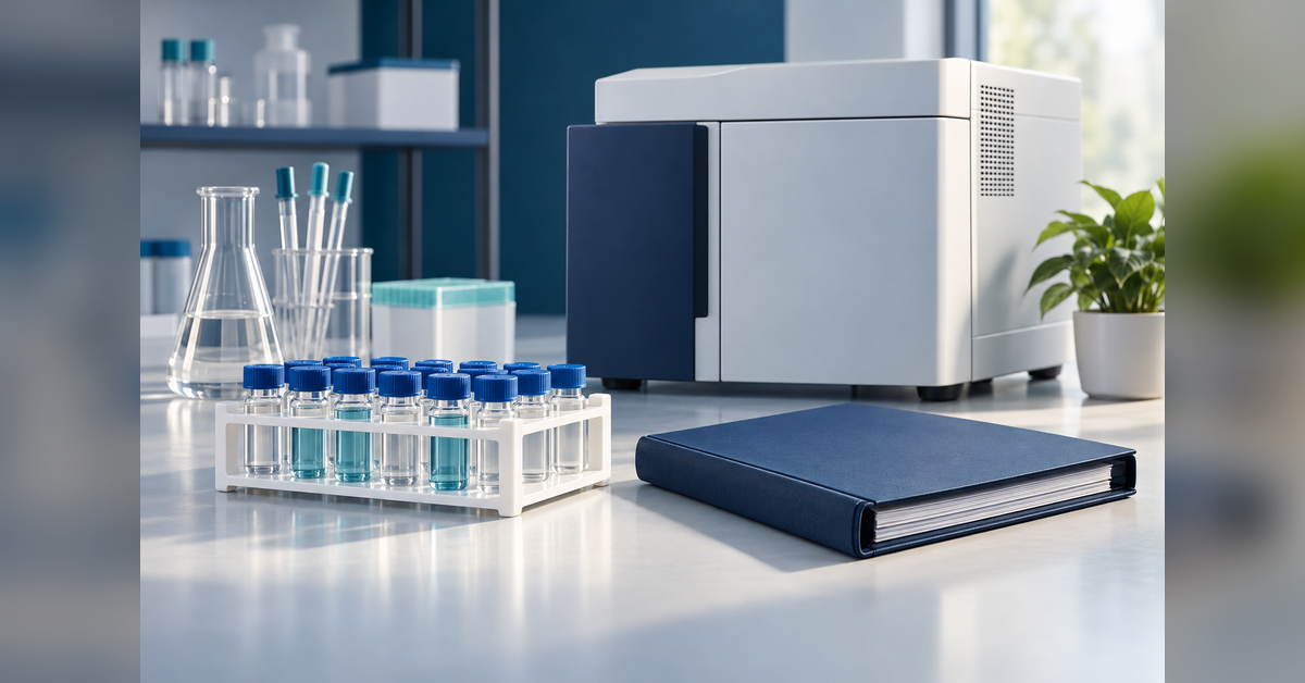Conceptual laboratory workstation with sealed sample vials for choosing contract analytical testing labs