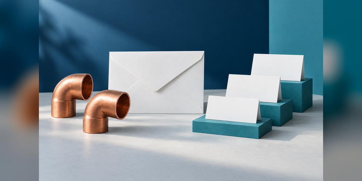 Conceptual copper plumbing fittings, a plain envelope and blank appointment cards for plumbing service communication