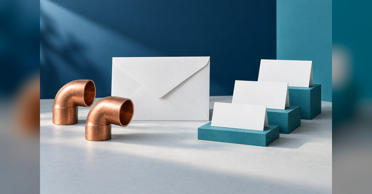 Conceptual copper plumbing fittings, a plain envelope and blank appointment cards for plumbing service communication