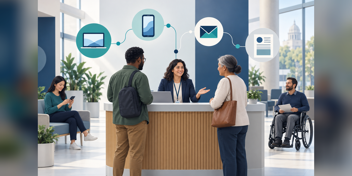 Conceptual government digital marketing outreach connecting residents with public services across digital channels