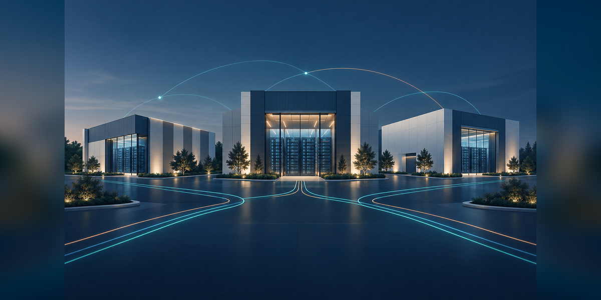Conceptual comparison of three anonymous data center buildings with server racks and fiber pathways