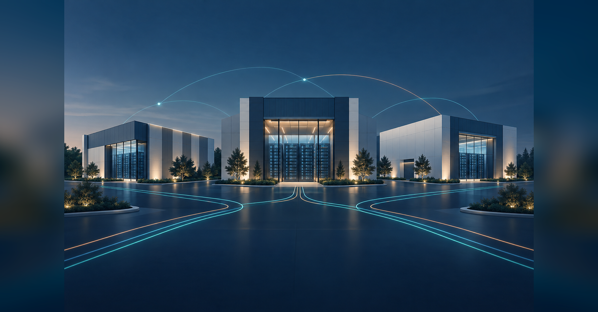 Conceptual comparison of three anonymous data center buildings with server racks and fiber pathways
