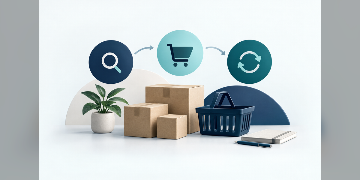 Conceptual ecommerce marketing budget planning with product parcels and connected acquisition, content and retention elements