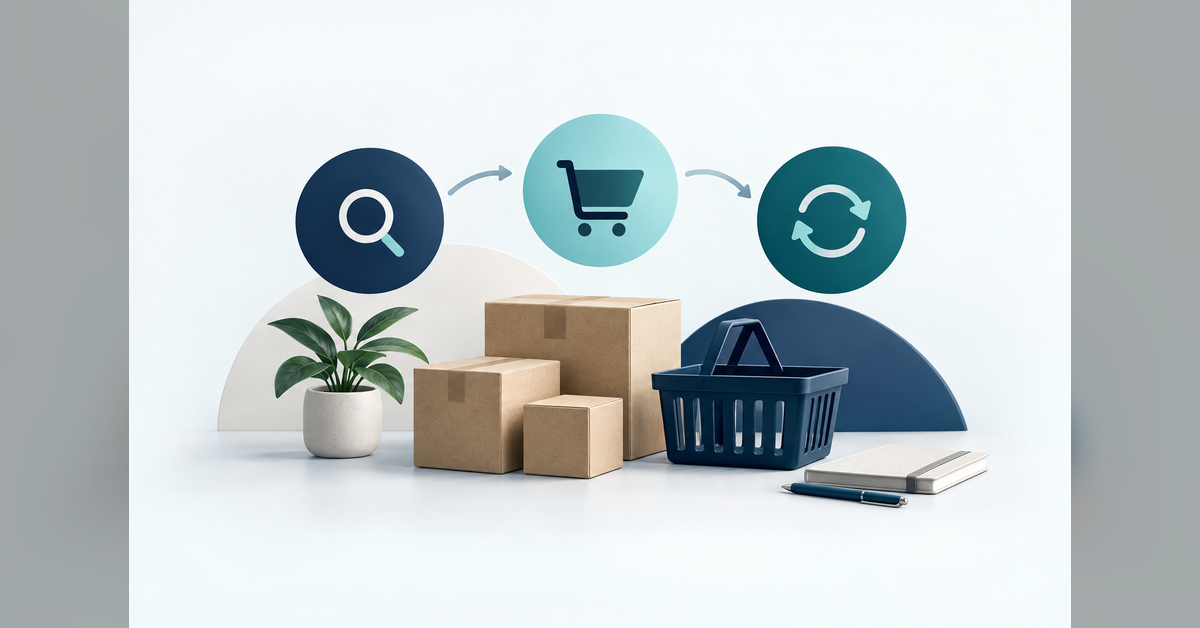 Conceptual ecommerce marketing budget planning with product parcels and connected acquisition, content and retention elements