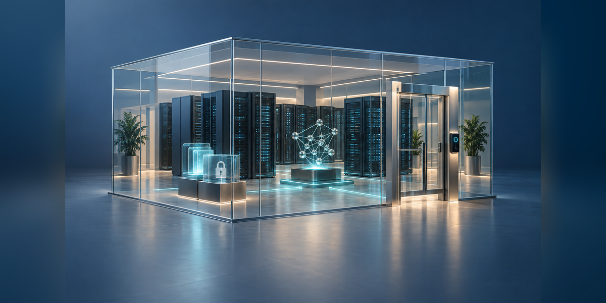 Conceptual sovereign AI infrastructure with servers, data and network connections inside a defined control boundary