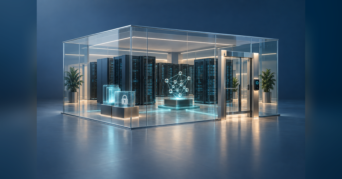 Conceptual sovereign AI infrastructure with servers, data and network connections inside a defined control boundary