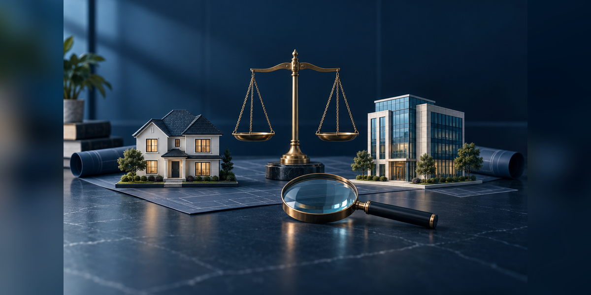 Magnifying glass beside residential and commercial building models and balanced legal scales.