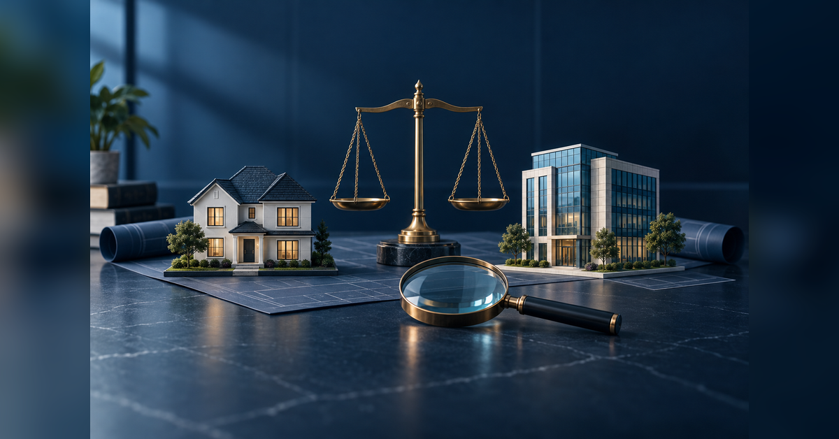 Magnifying glass beside residential and commercial building models and balanced legal scales.