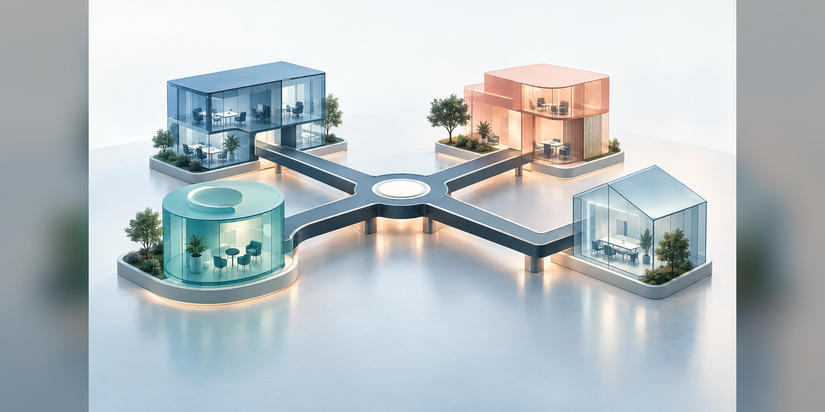 Conceptual post-acquisition marketing integration with distinct business units connected to shared operations