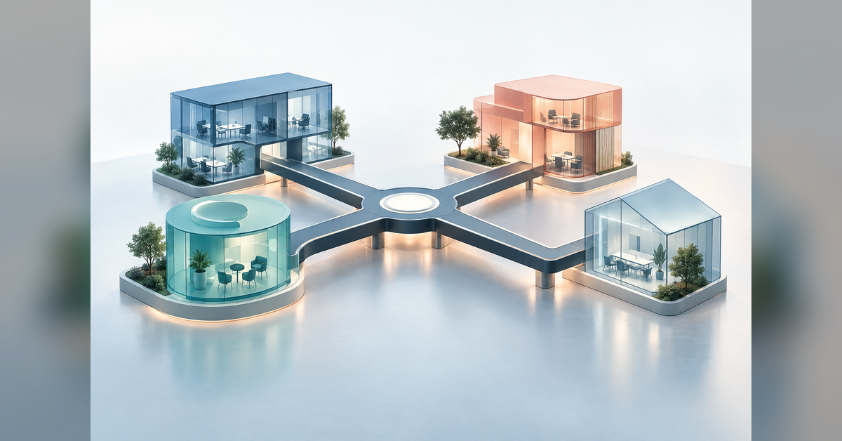Conceptual post-acquisition marketing integration with distinct business units connected to shared operations