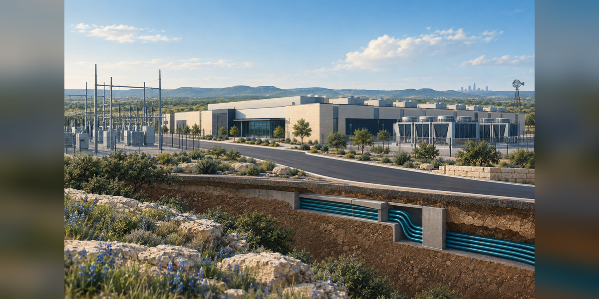 Conceptual Texas data center campus with power, cooling, access and fiber infrastructure