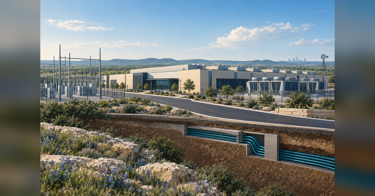 Conceptual Texas data center campus with power, cooling, access and fiber infrastructure