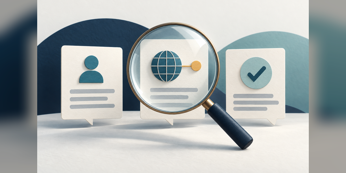 Conceptual illustration of an AEO checking tool inspecting three AI answer panels