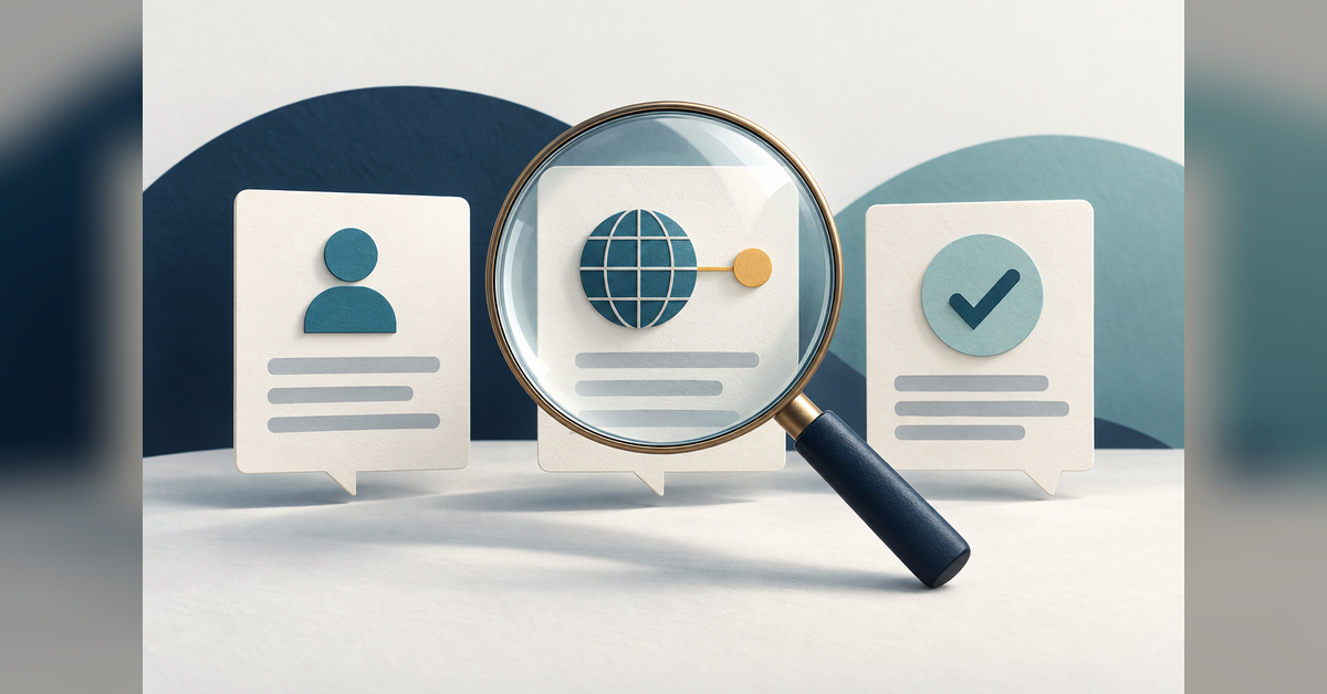 Conceptual illustration of an AEO checking tool inspecting three AI answer panels