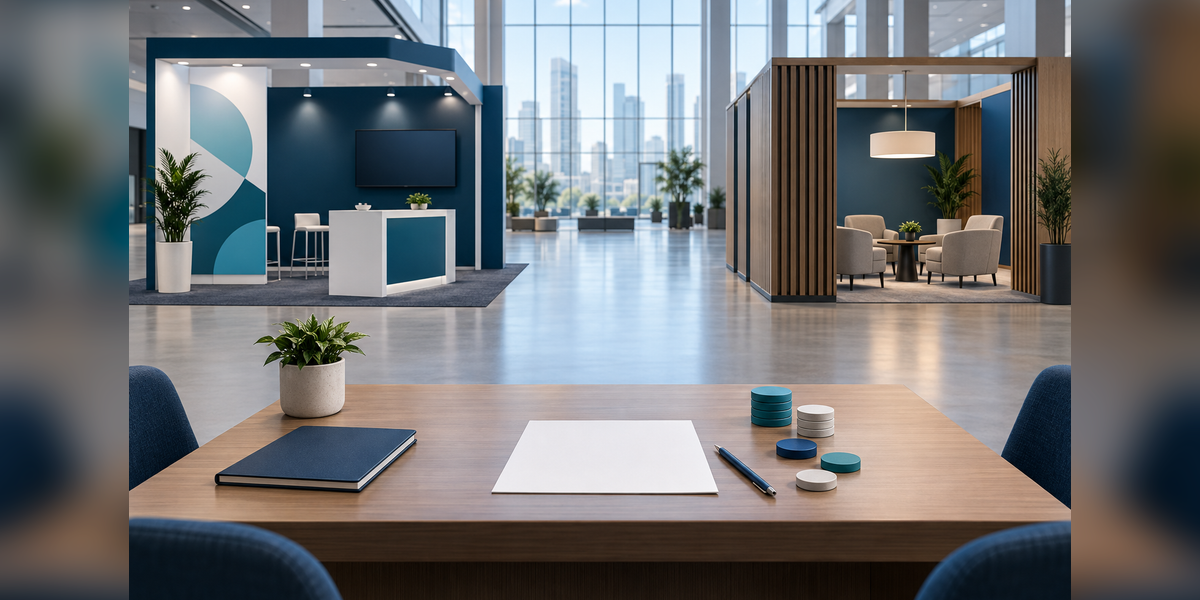 Conference booth, private meeting area and planning desk illustrating event marketing budget choices