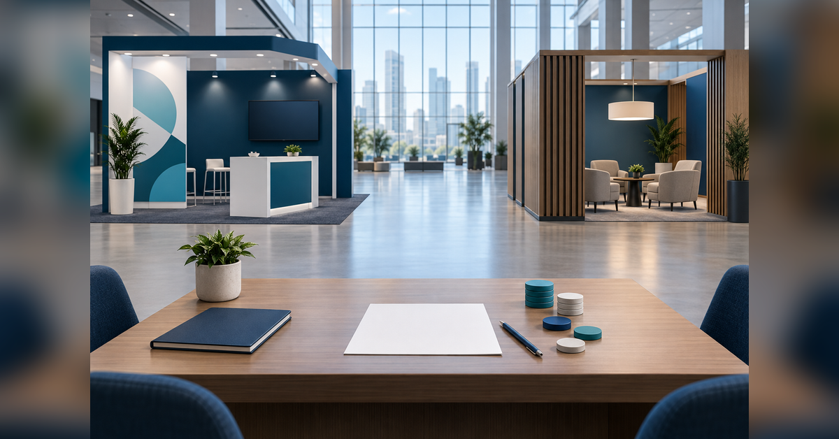 Conference booth, private meeting area and planning desk illustrating event marketing budget choices