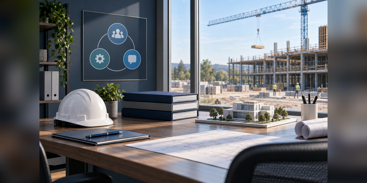 Contractor reputation management concept with project records and a hard hat in a construction office