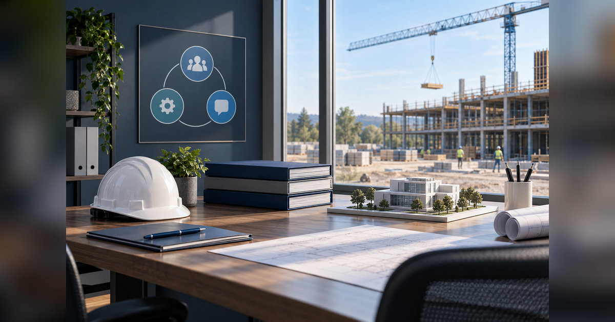 Contractor reputation management concept with project records and a hard hat in a construction office