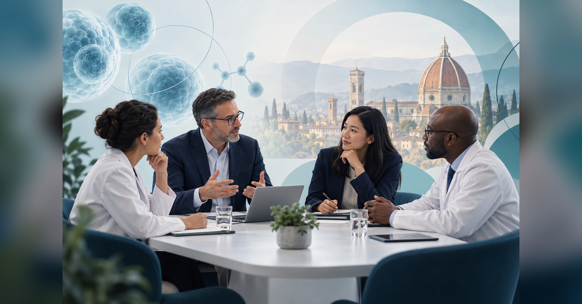 Conceptual illustration of professionals planning meetings for the PDA advanced therapies conference in Florence