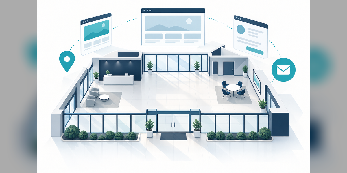 Unbranded empty dealership showroom connected to abstract website pages, a location pin and a customer inquiry symbol