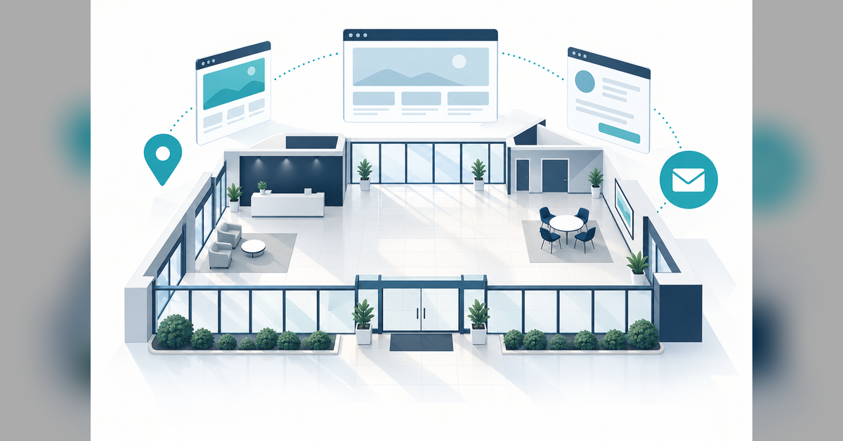 Unbranded empty dealership showroom connected to abstract website pages, a location pin and a customer inquiry symbol