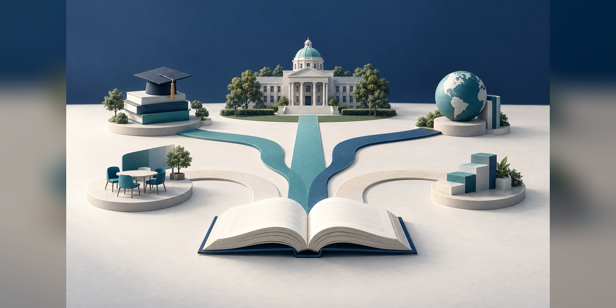 Conceptual education SEO illustration with an open book, campus building and branching pathways.