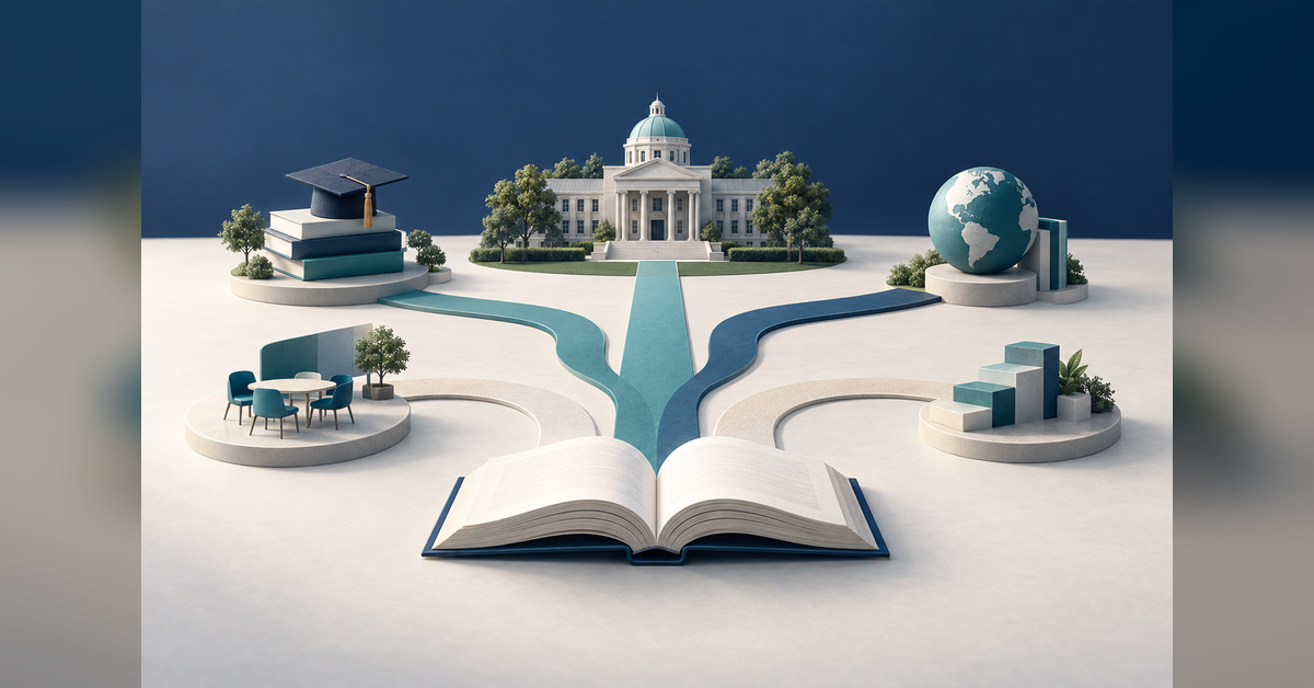 Conceptual education SEO illustration with an open book, campus building and branching pathways.