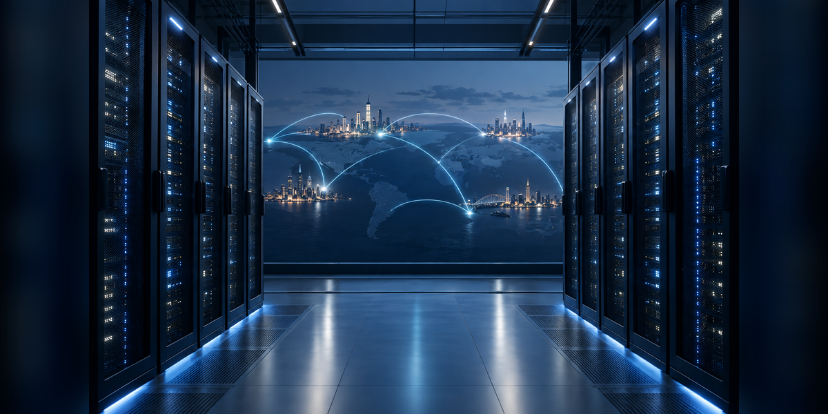 Conceptual server racks and fiber routes illustrating SEO for data center companies across markets