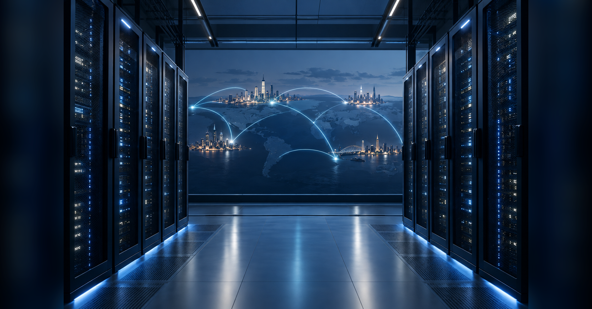 Conceptual server racks and fiber routes illustrating SEO for data center companies across markets