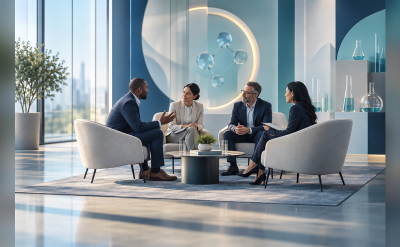 Conceptual illustration of pharmaceutical business meetings for CPHI Japan 2027