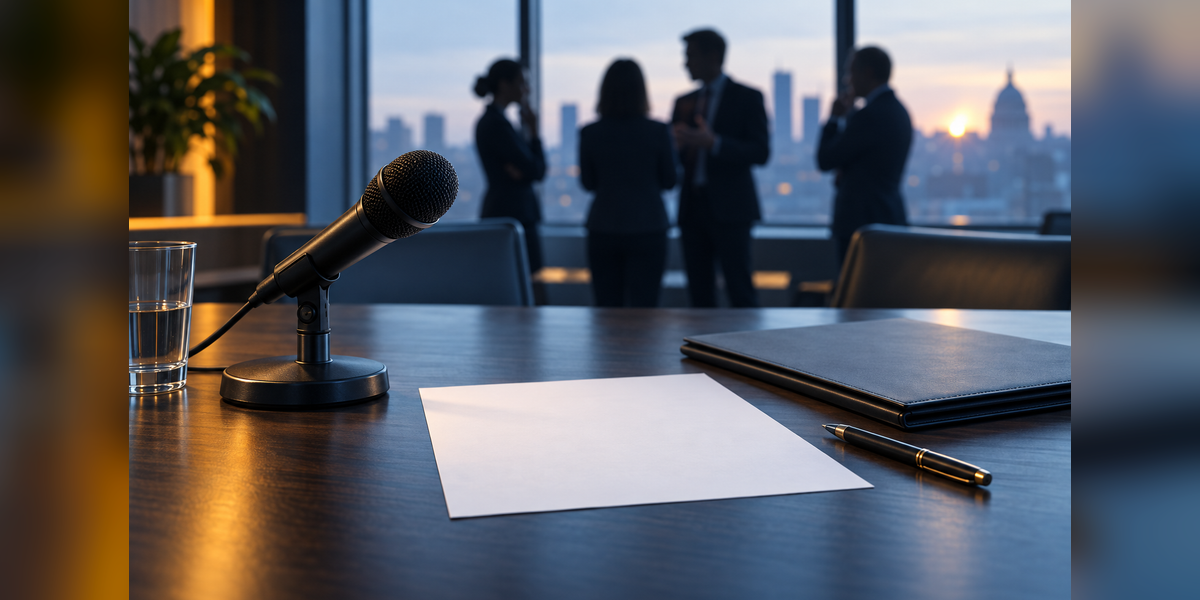 Crisis holding statement template concept with blank paper and a microphone in a response workspace