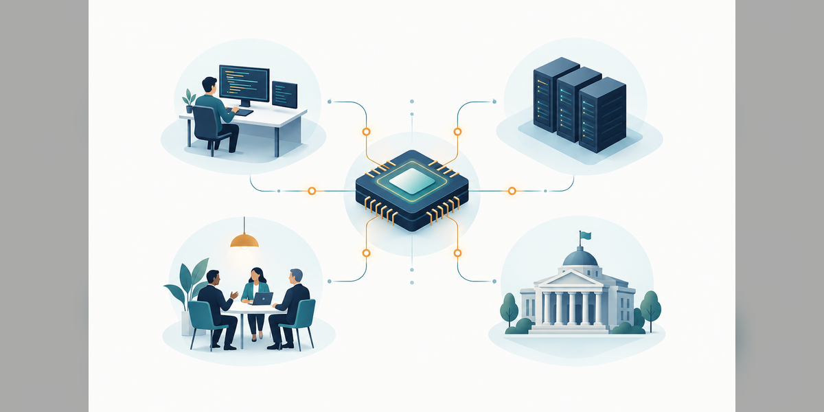 Conceptual computing chip connected to developer, infrastructure, partner and public stakeholder settings