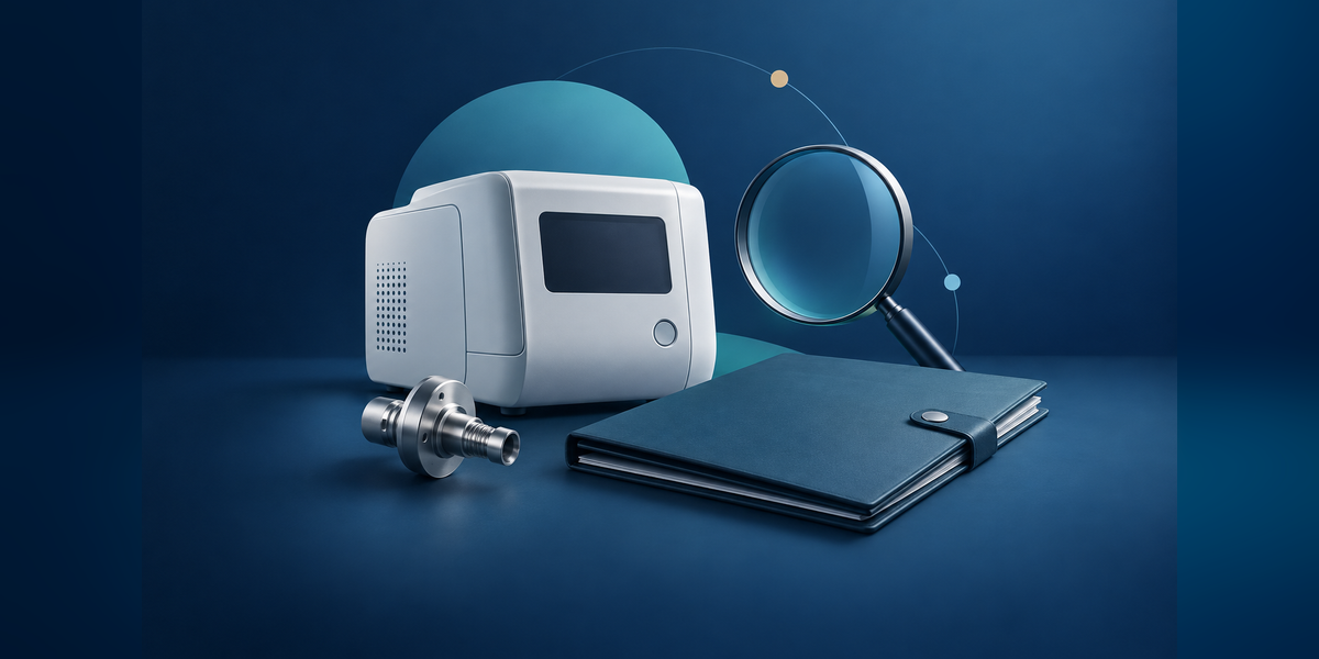 Medical device PPC agency selection concept with a precision component, procurement folder and magnifying lens
