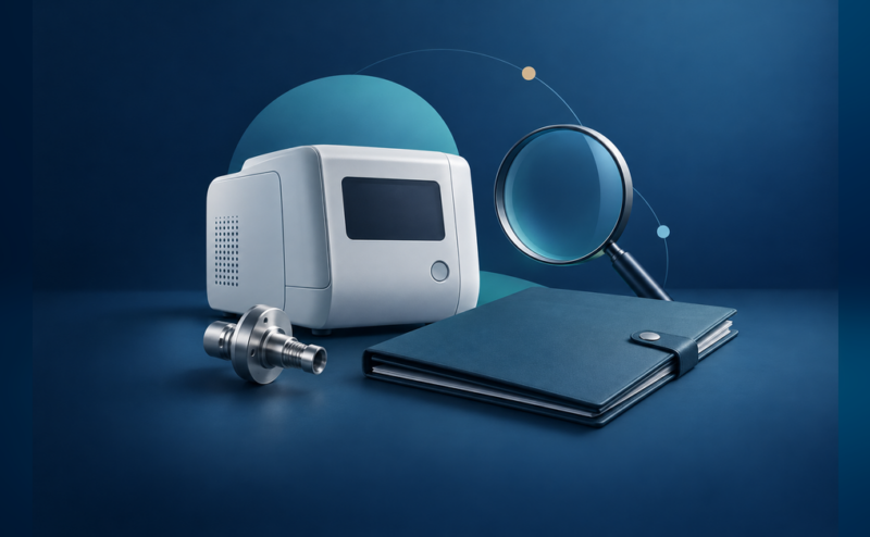 Medical device PPC agency selection concept with a precision component, procurement folder and magnifying lens