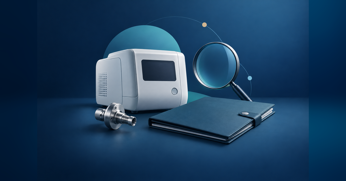 Medical device PPC agency selection concept with a precision component, procurement folder and magnifying lens