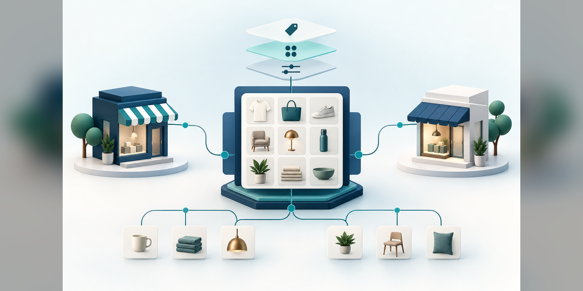 Conceptual retail catalog connecting product tiles, filtering pathways, and two storefronts