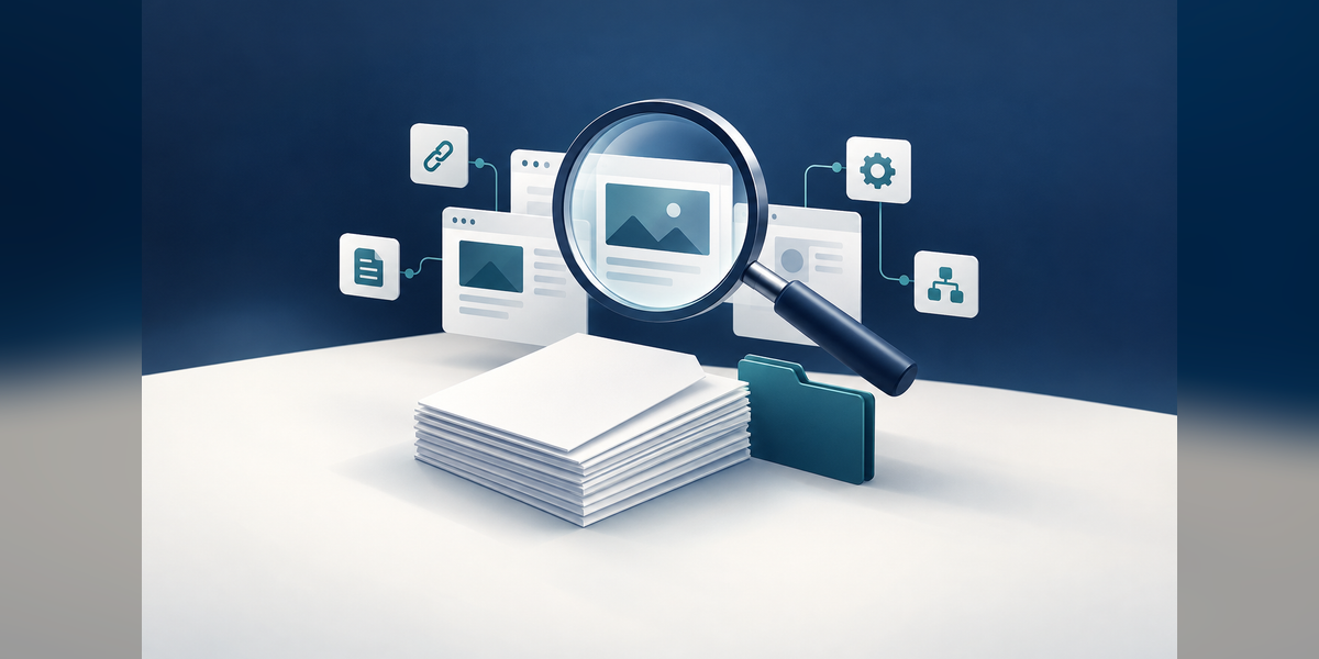 Conceptual illustration of SEO due diligence for acquisitions, with a magnifying lens over connected website assets.