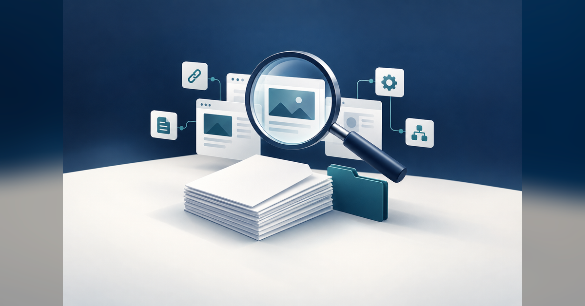 Conceptual illustration of SEO due diligence for acquisitions, with a magnifying lens over connected website assets.
