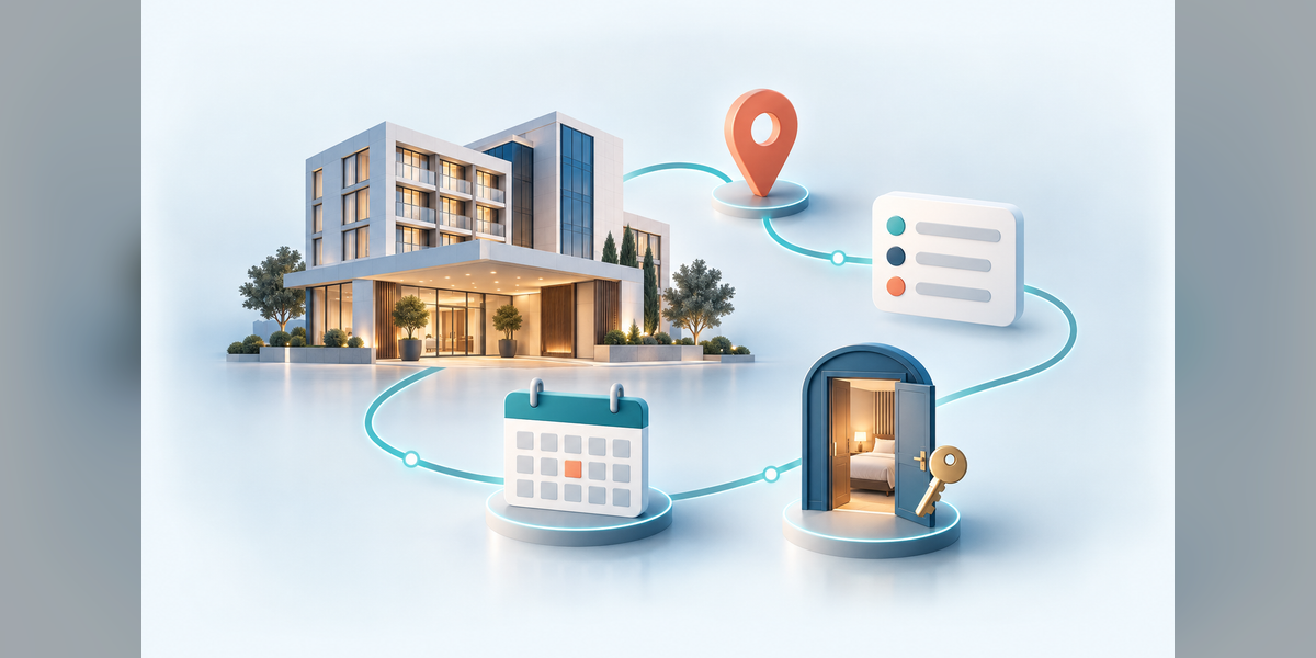 Conceptual pathway from AI hotel recommendations to direct reservations for evaluating AEO tools for hotels.
