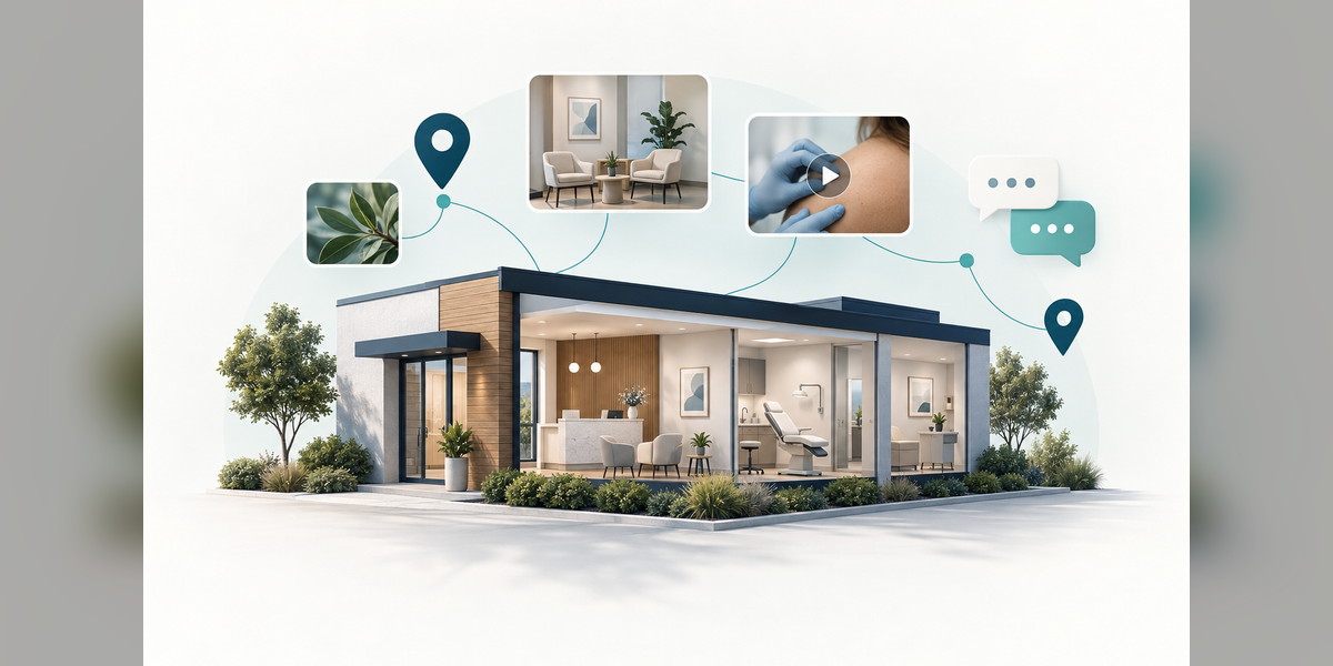 Conceptual dermatology clinic connected to neighborhood map pins, image frames, video frames, and conversation shapes.