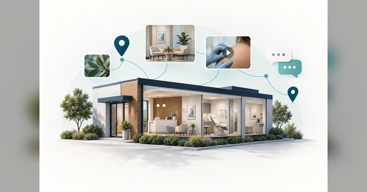 Conceptual dermatology clinic connected to neighborhood map pins, image frames, video frames, and conversation shapes.