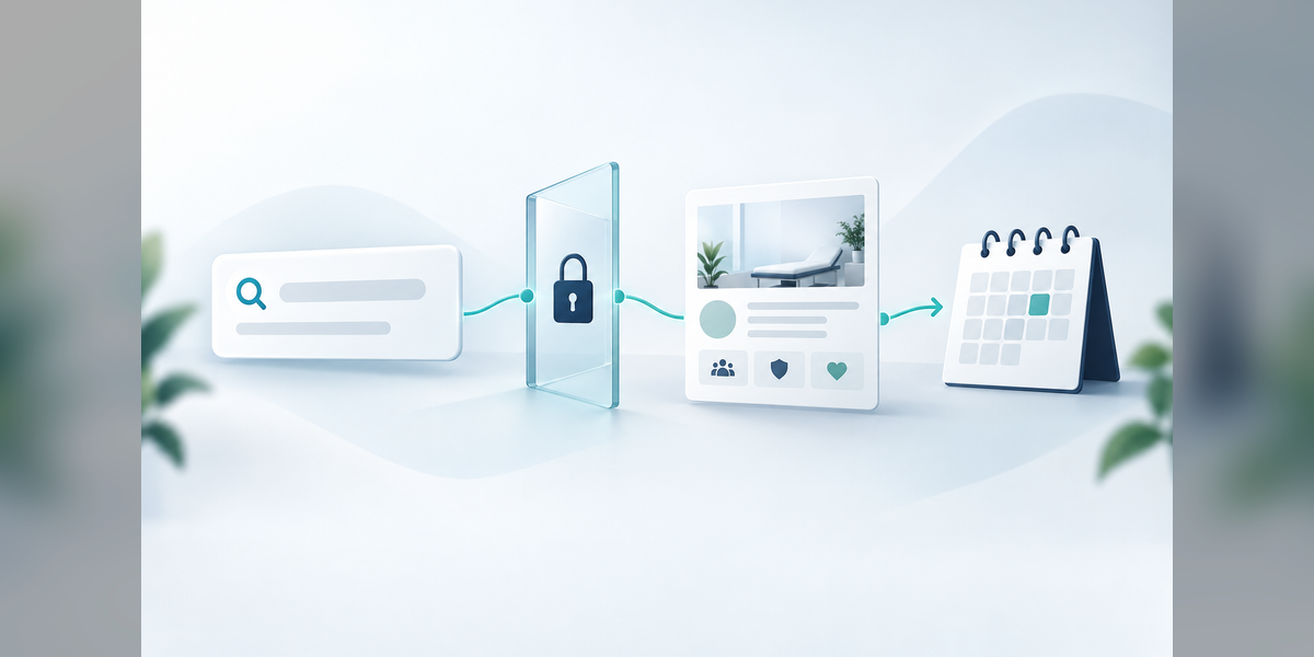 Conceptual pathway from healthcare PPC advertising through privacy review to a qualified appointment