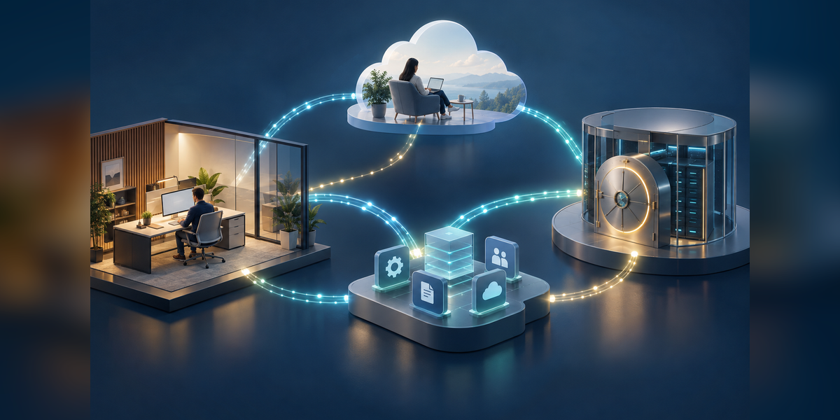 Conceptual office and cloud traffic paths for a dedicated Internet access vs broadband buying decision