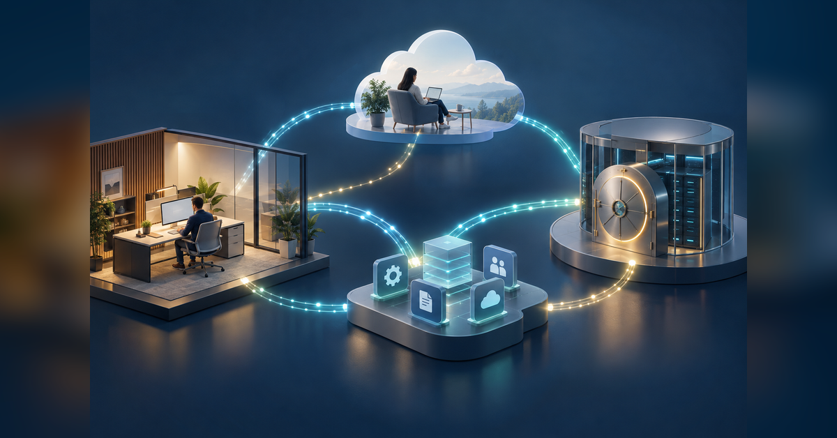 Conceptual office and cloud traffic paths for a dedicated Internet access vs broadband buying decision