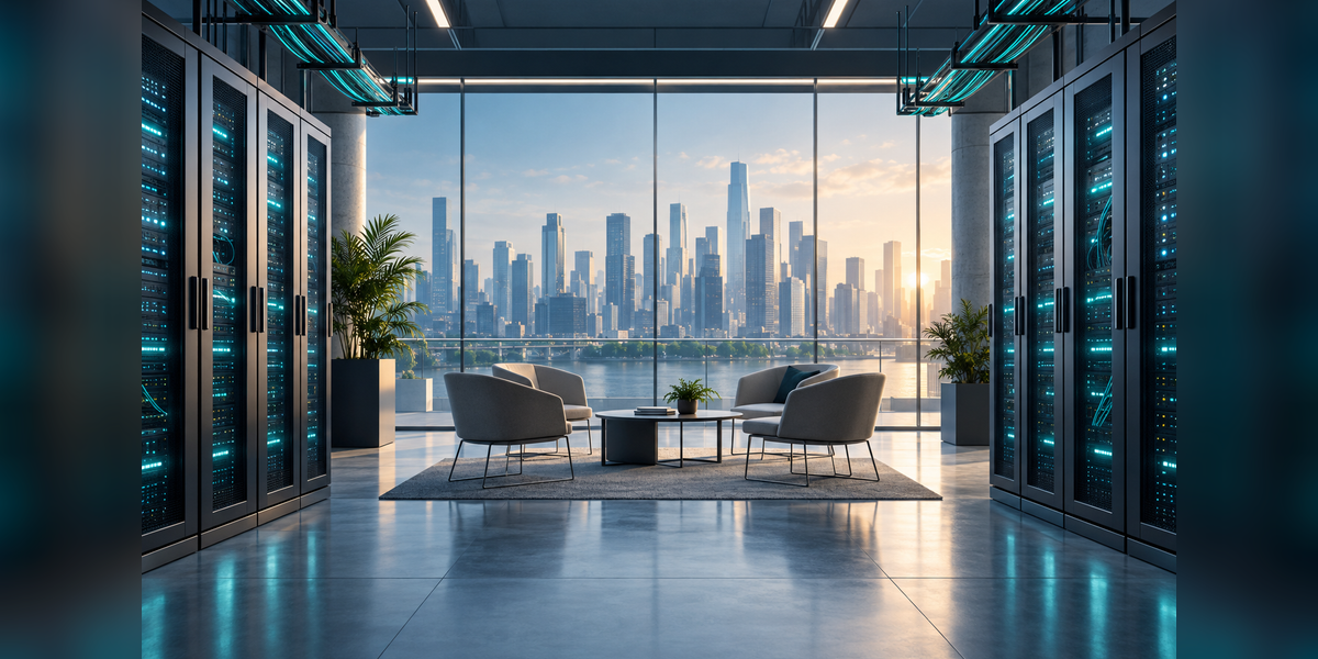 Conceptual data center infrastructure and professional meeting scene for DCD Connect New York 2027 planning