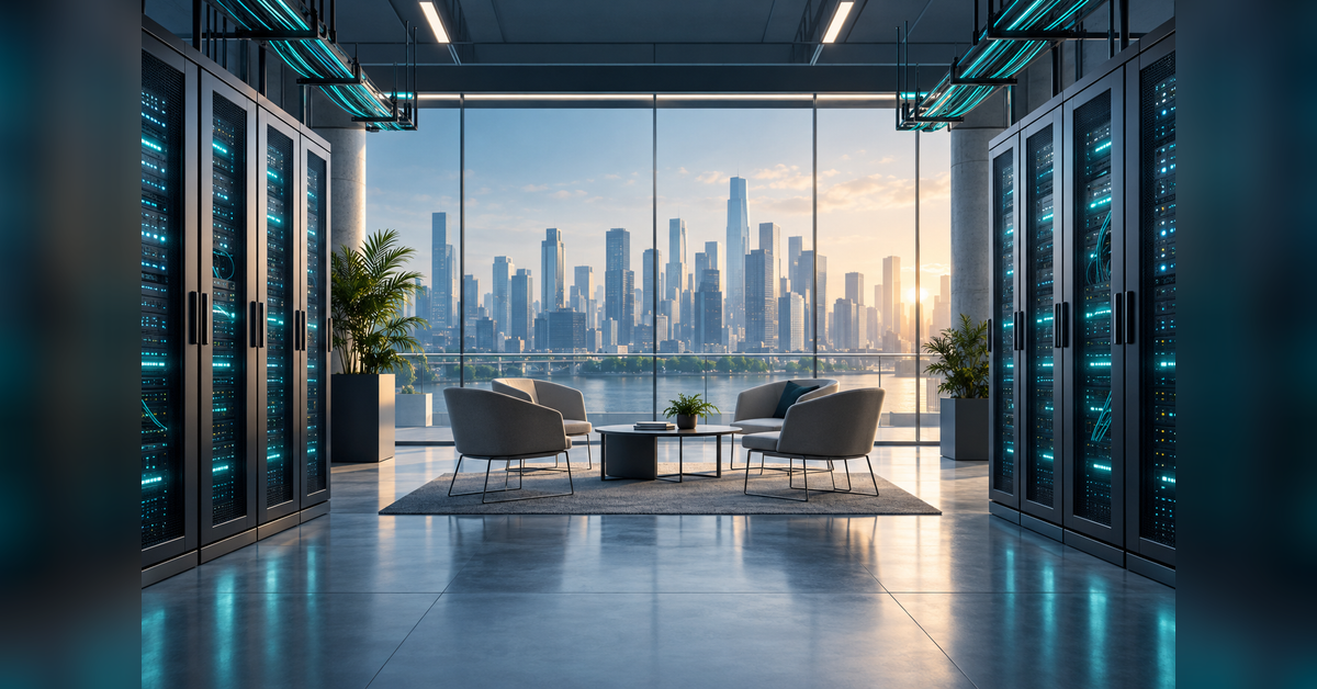 Conceptual data center infrastructure and professional meeting scene for DCD Connect New York 2027 planning
