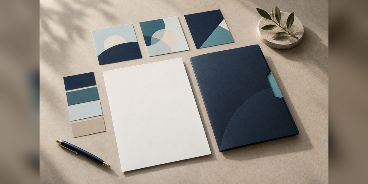 Conceptual strategy cards, identity swatches and sales materials for a B2B branding agency