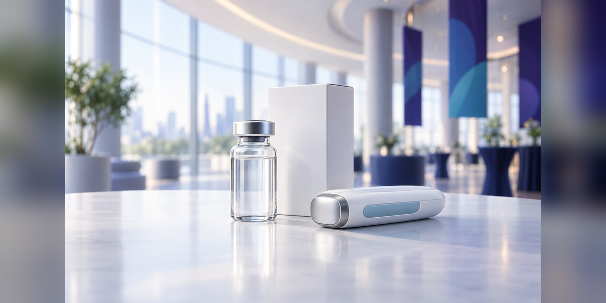 Conceptual pharmaceutical packaging and drug delivery display for the Pharmapack Europe 2027 guide